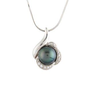 NA HOKU 14K WHITE GOLD PEARL & DIAMOND PENDANT NECKLACE